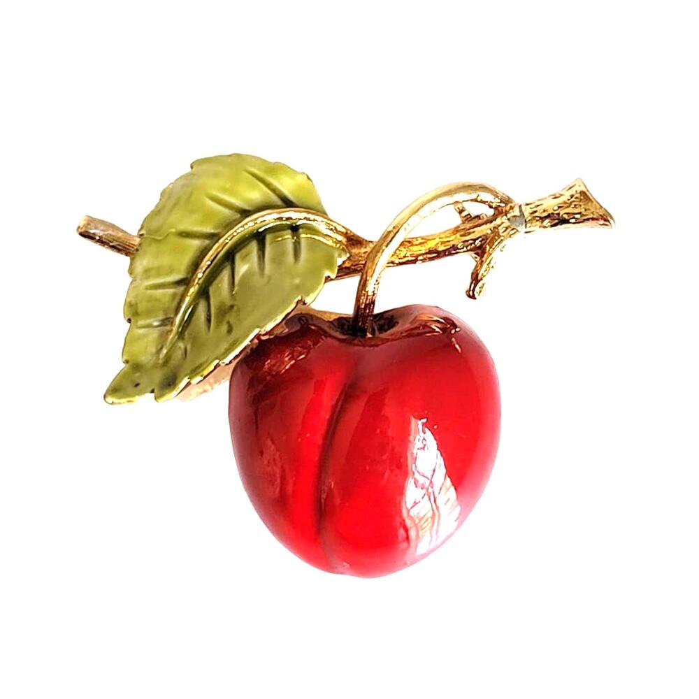 Cherry Brooch Women's Small Red Green Gold Tone Enameled Fruit Botanical Summer